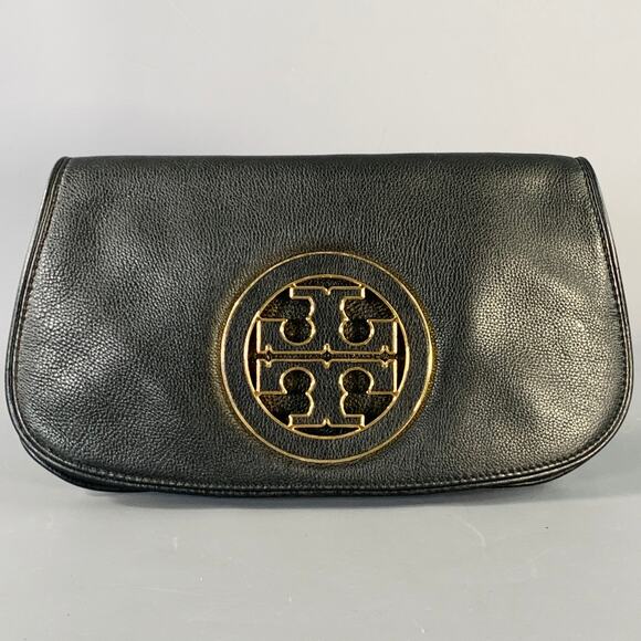 TORY BURCH Black Gold Logo Leather Clutch Handbag - Picture 1 of 4